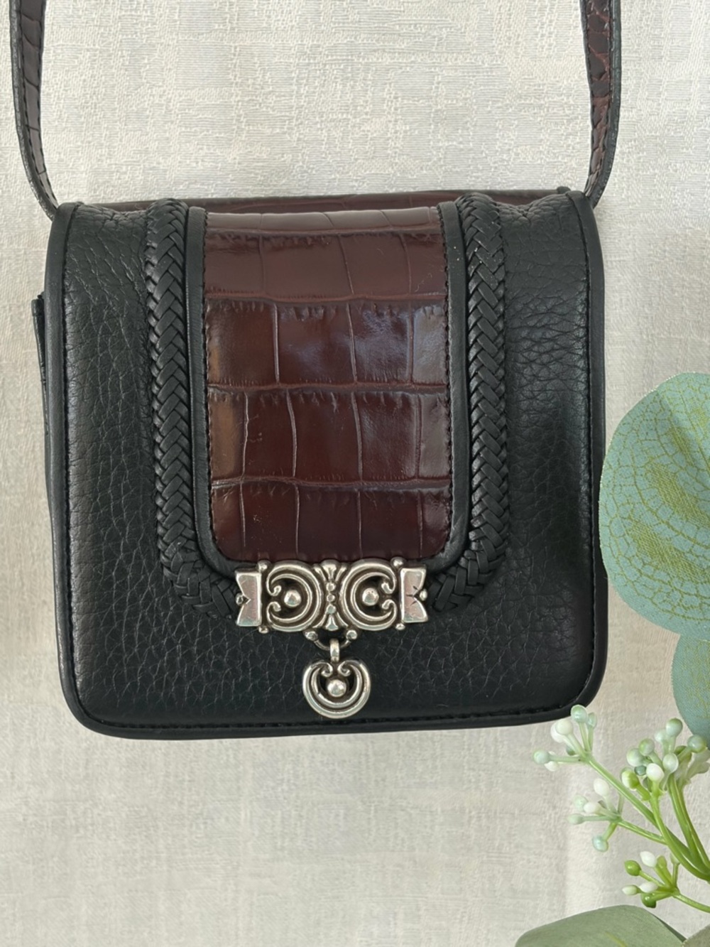 Brighton Black & Dark Brown Croc-Trimmed Shoulder Bag